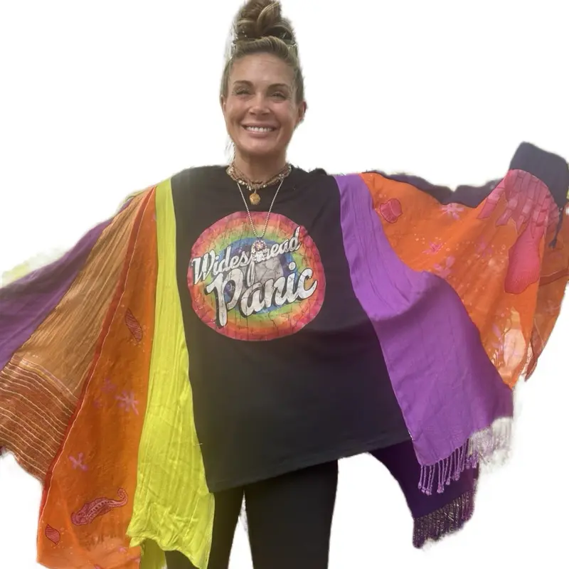 Widespread Panic Tshirt Poncho Made from Upcycled Silk Scarves Size M/L Rainbow Design Fashionable Wear