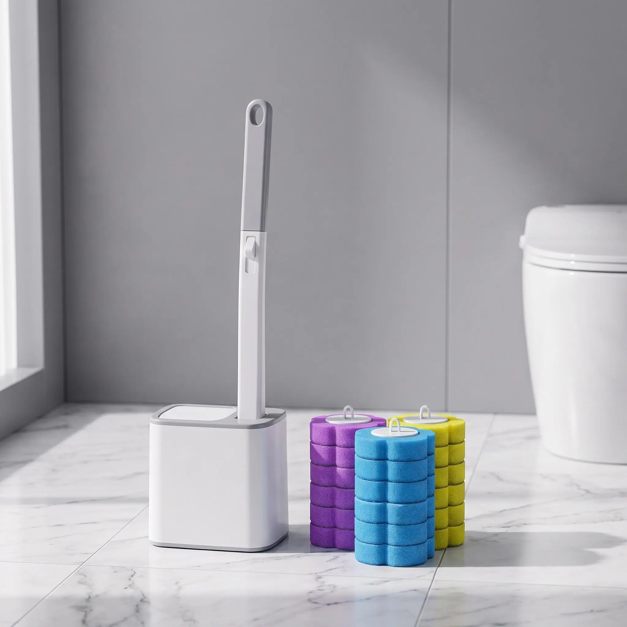 【SummerWins】Disposable Toilet Brush Set, Wall-Mounted Base, Self-Cleaning, Hygienic, with 24 Refill Heads