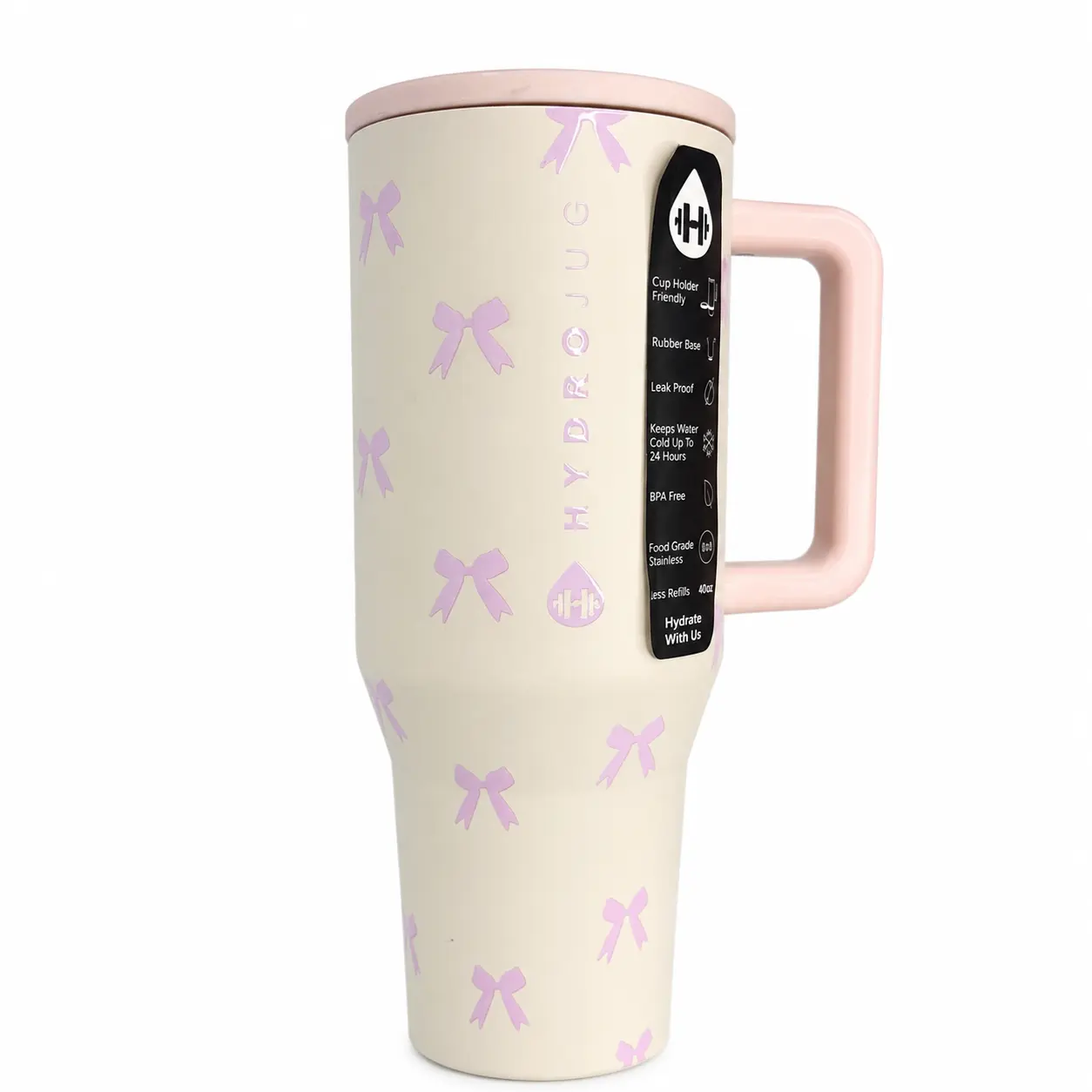 HydroJug 40 oz Bow Tumbler with Handle and Flip Straw, Insulated Stainless Steel Travel Mug, Leakproof Reusable Water Bottle, Pink Bow Print Cup for Coffee, Water, Travel and Everyday Use