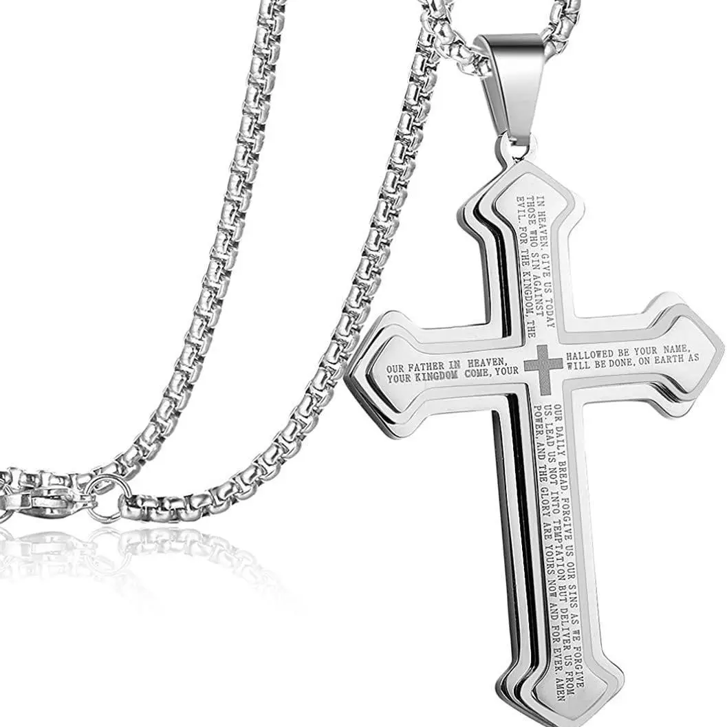 Chain Link Cross Necklace - Long Engraved Bible Verse Pendant, Vintage Religious Costume Jewelry, Crucifix Engraved Statement Decorative Cross Necklaces, Chain Jewelry, Daily Casual Faith Gift for Boys, Summervibes Accessory, Crucifix Necklaces