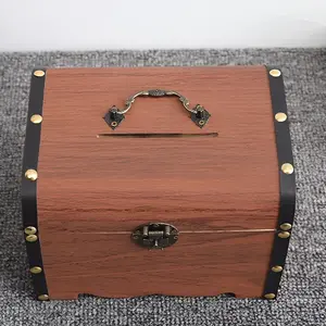 Vintage Wooden Coin Bank, Piggy Bank, Wooden Savings Box, Flip Cover Pirate Treasure Chest Money Box, Large Capacity Coin Storage Box, Home Desktop Ornament, Gift for Kids