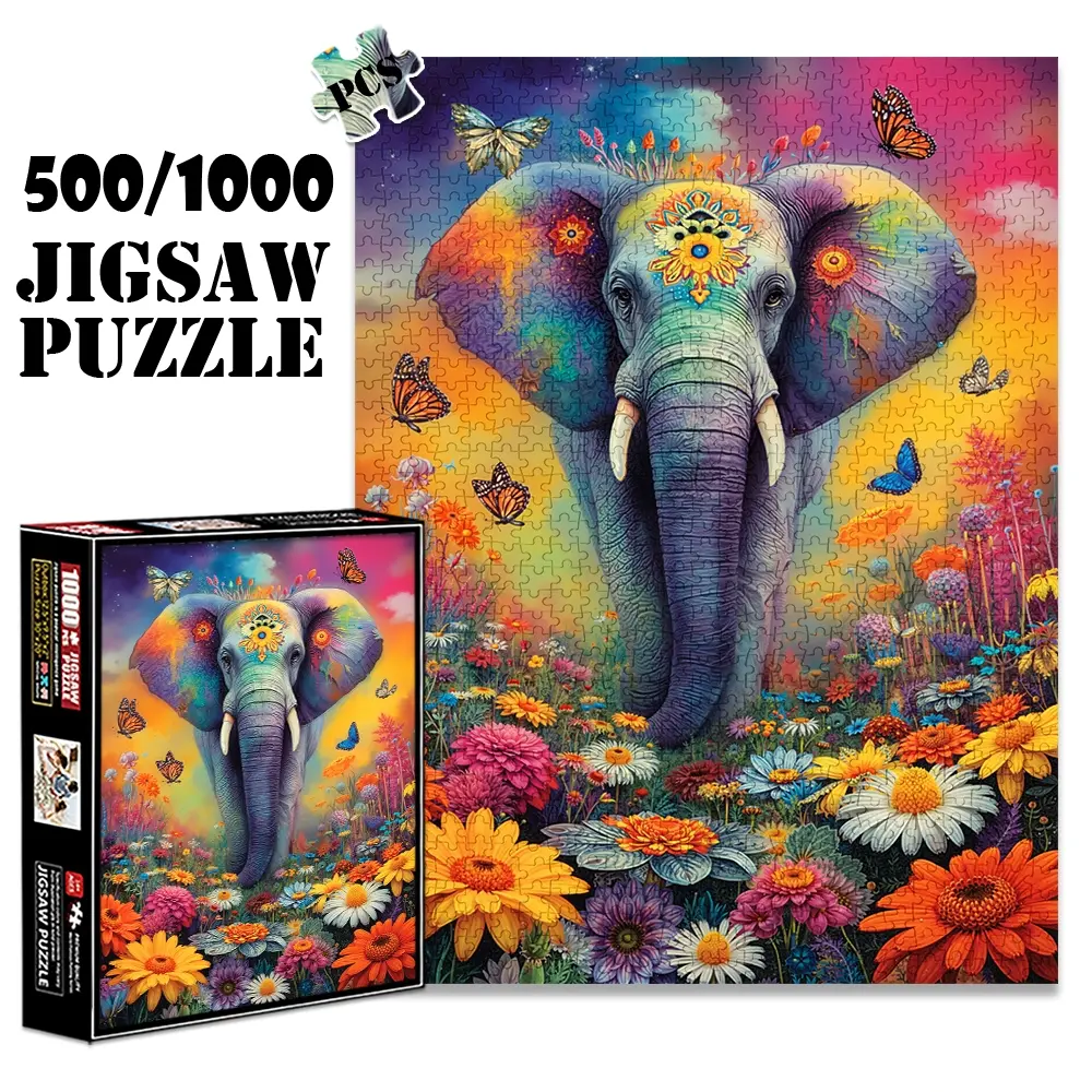 1pc 1000 piece adult puzzle 70x50cm Colorful Elephant with Floral Patterns, Butterflies and Flowers 500 pieces paper jigsaw puzzle suitable for DIY creative games for adults and families, birthday an