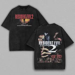 Resident Evil 2 You Died horror Game Washed Tshirt Oversize 2 Sided Cotton unisex soft graphic game movie Tops game acid wash merch shirt