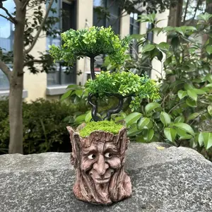 Whimsical Tree Stump Planter with Jolly Old Man Face, Perfect for Outdoor Decorating, Resin Craft, Ideal for Halloween Decorations