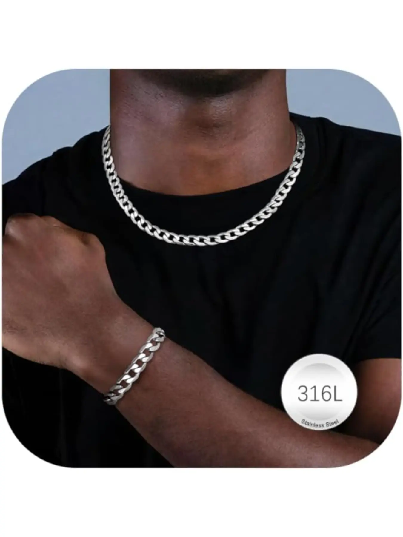 Men's Sturdy Cuban Chain Necklace & Bracelet Set, Fashionable Jewelry Set, 5/9mm Width, 18"/20"/22" Length, Silver Color 316L Stainless Steel, Hip Hop Jewelry