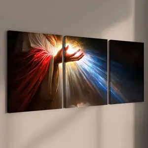 Jesus Hand Holding Light Pattern Canvas Painting, 3 Counts Wooden Framed Religious Art Poster, Wall Art Decor for Home Living Room Bedroom Office, Ornaments
