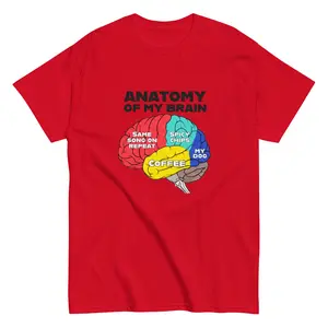 Anatomy of My Brain Unisex Tee - Classic Red T-Shirt with Colorful Brain Graphic and Text Design
