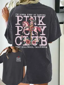 Women's Pink Pony Club Round Neck Graphic Tee, Fashion Casual Crew Neck T-Shirt for Daily Holiday Vacation Outdoor Wear, Ladies Clothes for Summer, Top