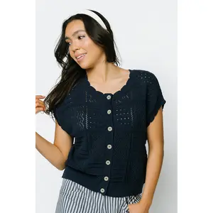 Midnight Meadow Top - Navy Blue with Scalloped Details