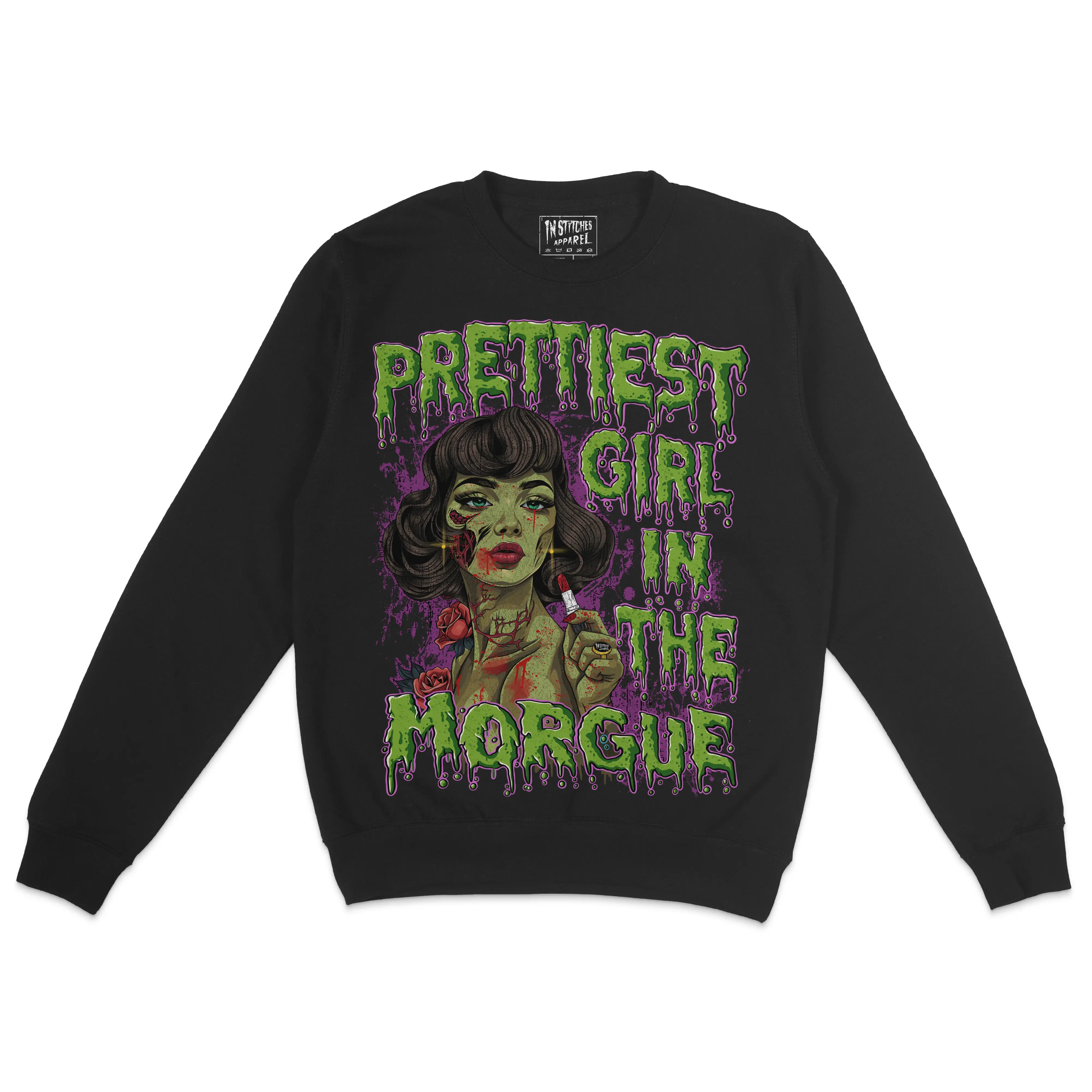Fleece Crewneck Sweatshirt - Prettiest Girl In The Morgue, Humor, Dark Comedy, Alt Fashion, Alternative Motivational Gift