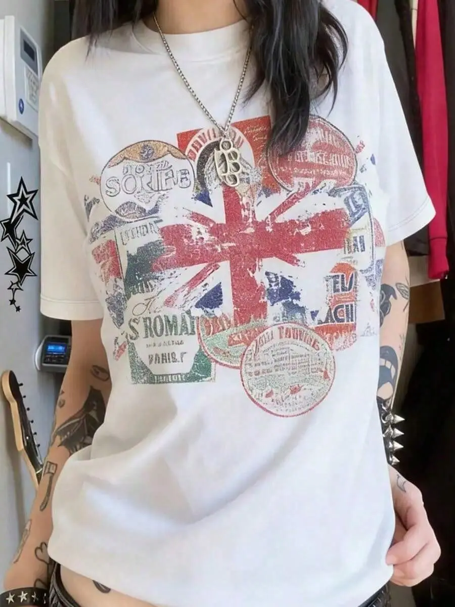 Vintage Union Jack Stamp Collage Oversized Tee, 100% Cotton Breathable, Street Style Casual Wear, Great Gift For Travel & Retro Fashion Lovers