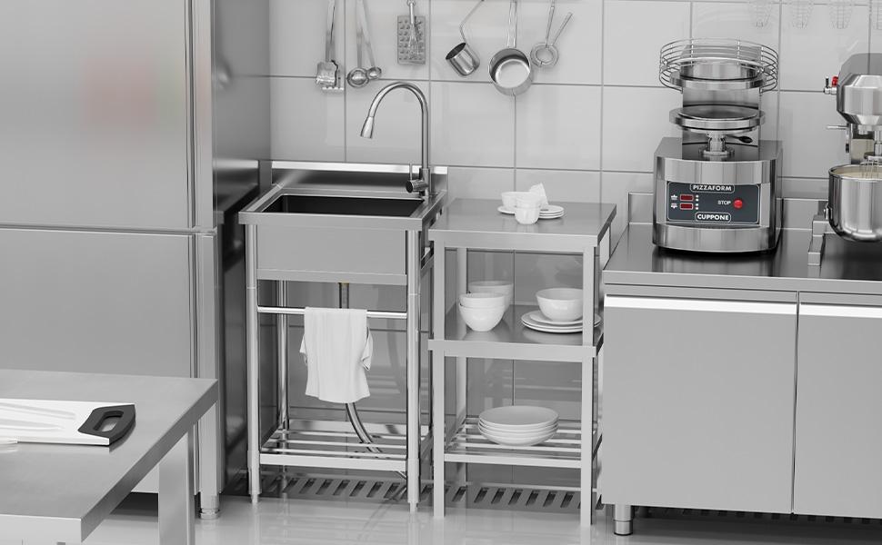 GARVEE Stainless Steel Sink, Freestanding Single Trough Commercial Kitchen Sink Set with Faucet, Commercial Single Bowl Kitchen Prep and Utility Sink for Restaurant, Garage