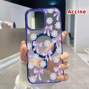 Magnetic Soft Case for iPhone 15 16 14 Pro Max 13 12 11 XR XS Plus E Drop Protection Transparent  Lavender Bow Florals Pattern Shockproof Silicone Cover Supports Wireless Charging