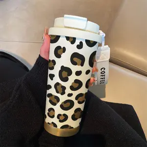 18oz Leopard Print Stainless Steel Insulated Cup with Strap, Leak-Proof Durable Design, Straight Sipper & Straw, Perfect Gift