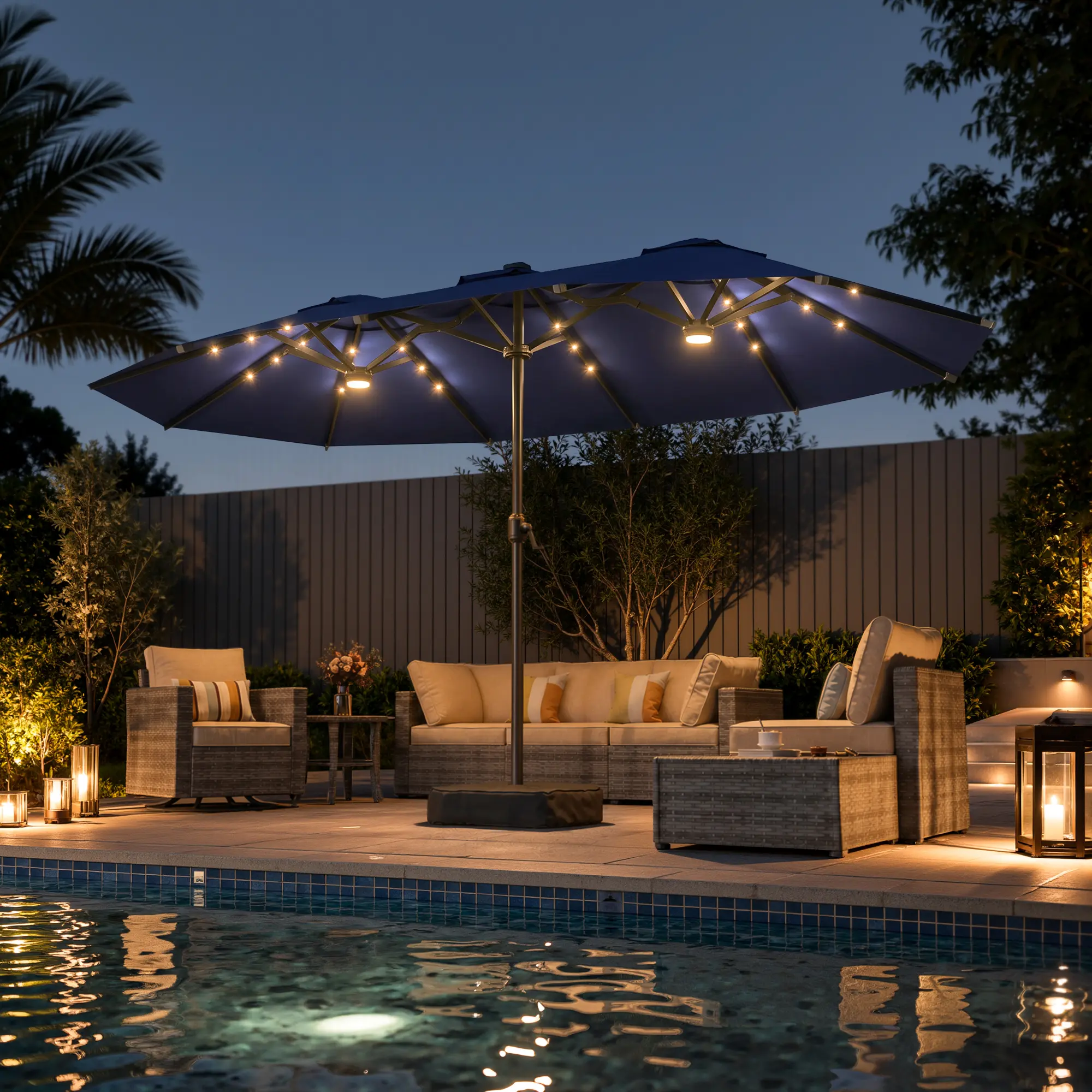 【Mother‘s Day Gift】XIZZI 15 FT Extra Large Patio Umbrella with Solar Lights Rotatable Rectangular Outdoor Umbrella with Base Included Double-sided Heavy Duty for Pool Garden Backyard Outdoor Market Backyard