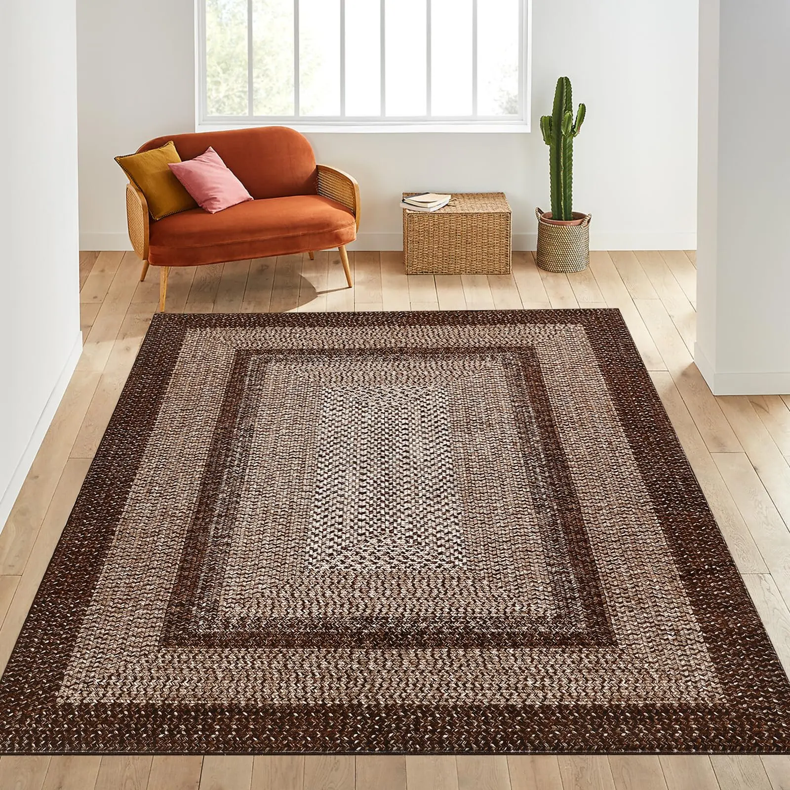 Brown 10x13 Braided Area Rug with Non-Slip Backing, Modern Accent Carpet for Bedroom, Living Room, Dining Room & Hallway, Foldable Low Pile Throw Rug