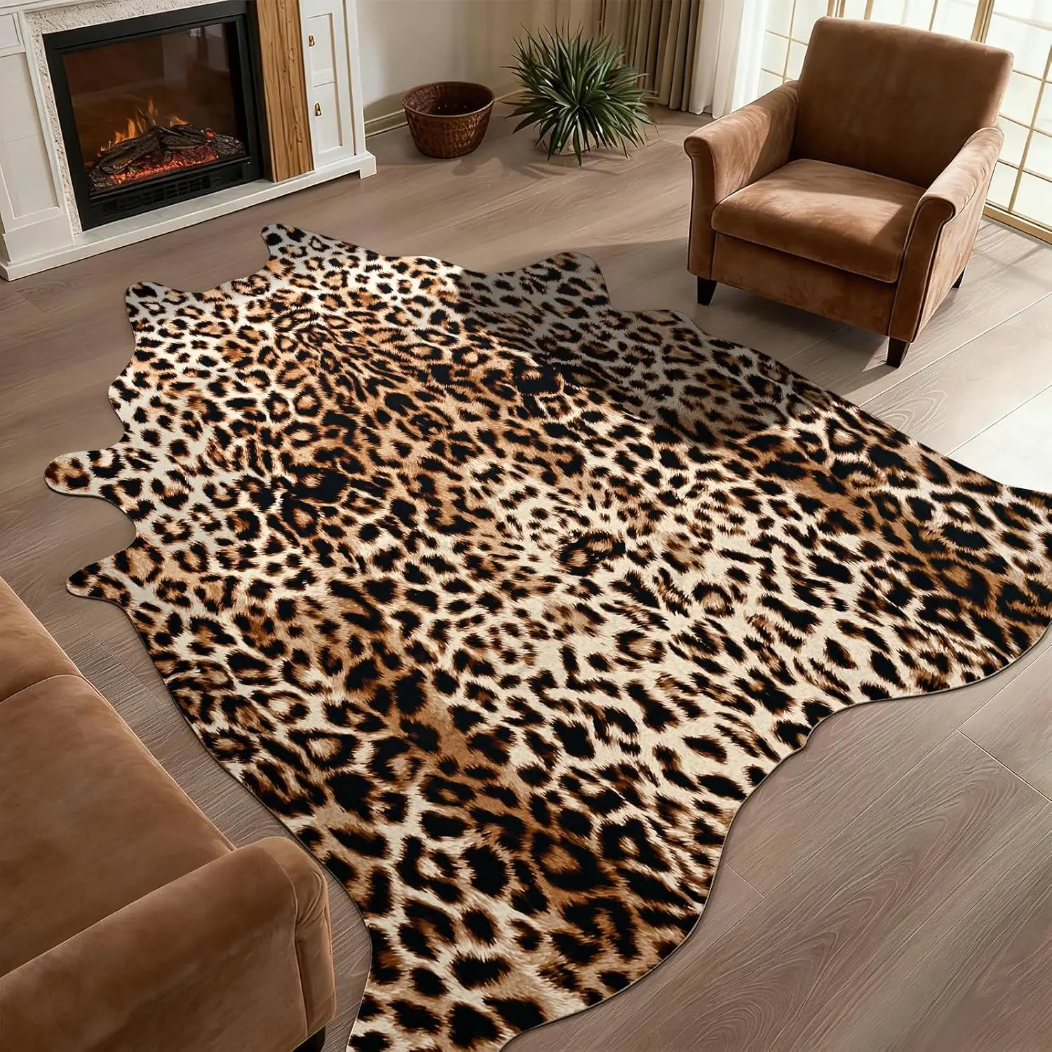 Faux Leopard Print Rug for Living Room, 6.2 x 7 ft Western    Rugs, Non Slip Cool Leopard   Carpet for Bedroom Dining Room Farmhouse Entrance  Decor, Dark Brown