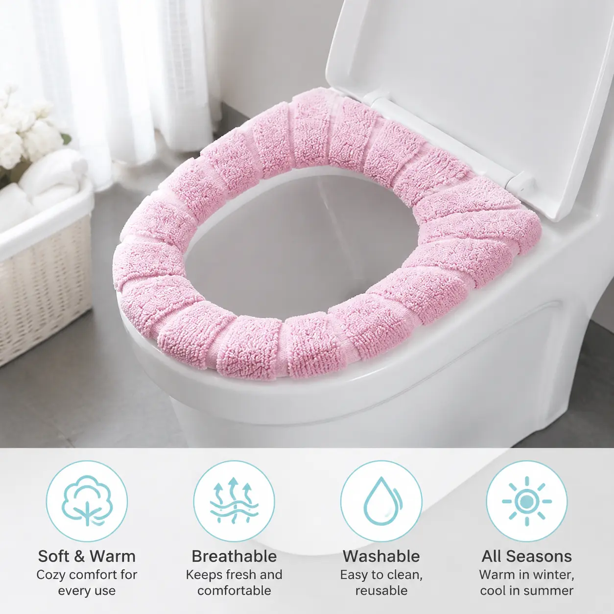 1 Piece Soft Touch Plush Fabric Toilet Lid Cover for Bathroom, Elastic Full-Wrap Cozy Upgrade Washable Bathroom Cushion Pad with Easy Installation for Household Daily Use