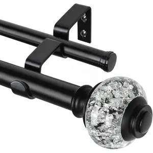 1 Inch Black Double Curtain Rods for Windows 66 to 120 Inches(5.5-10ft),  Adjustable Heavy Duty Drapery Rods, Telescoping Dual Curtain Rod with Translucent Finials, Wall Mounted