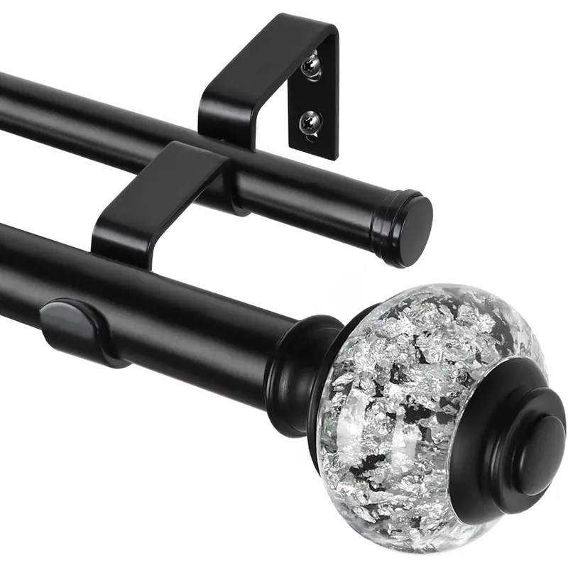 1 Inch Black Double Curtain Rods for Windows 66 to 120 Inches(5.5-10ft),  Adjustable Heavy Duty Drapery Rods, Telescoping Dual Curtain Rod with Translucent Finials, Wall Mounted