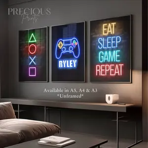 Personalised Gaming Prints Neon Wall Art Gamer Poster Set of 3 Unframed A5 A4 A3