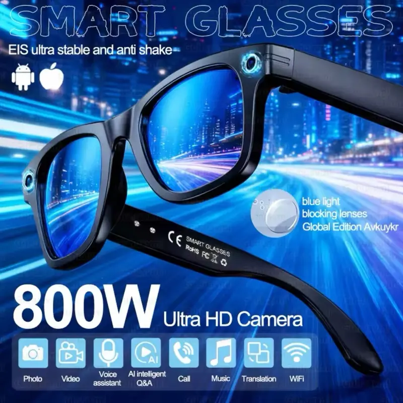 8K AI Smart Glasses With 100MP Camera Chat GPT Touch Sport Sunglasses Bluetooth Call Video Music Player For Men Women 800W Ultra HD Camera