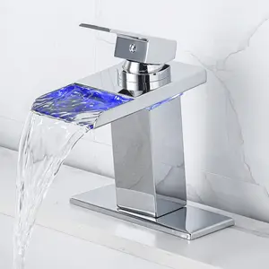 LED Bathroom Sink Faucet - Chrome Single Hole or 4 Inch Centerset Waterfall Faucet with Stainless Steel Spout and Temperature- LED Lights, Includes Deck Plate