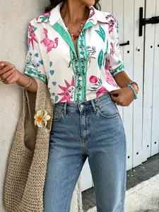 2026 Women's Fun Color-Block Cartoon Print Shirt with All-Over Pattern, Loose Fit Short Sleeve Casual Blouse for Vacation and Work, Flowy and Versatile