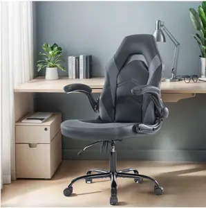 Ergonomic PU Leather Computer Gaming Chair, Adjustable Swivel Racing Chair with Flip-up Armrest, Black Grey