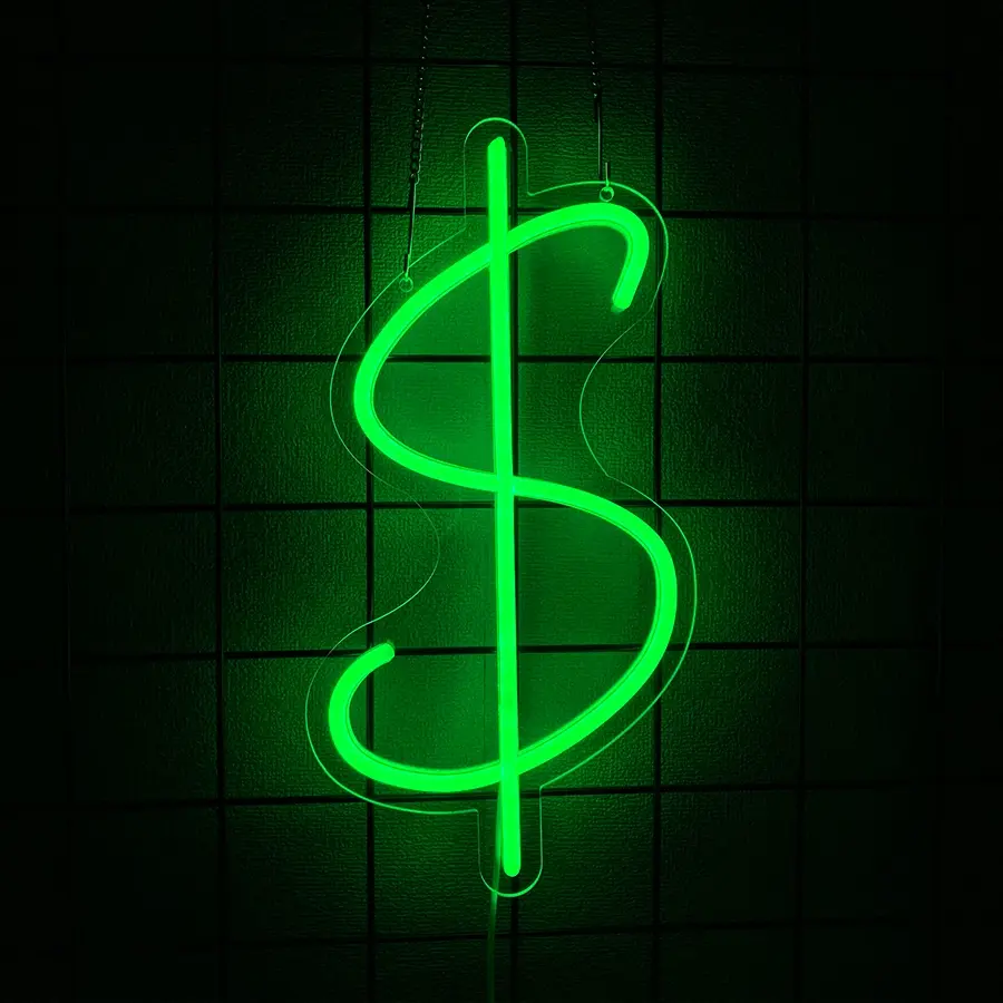 Dollar $ LED Neon Light Sign Money Home Bedroom Game Room Business Pub Store Bar Shop Office Wall Decor Sign Birthday Decor Decorative Ambiance Lighting 5V USB Green