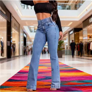 2026 Women's Back Shirred Button Front Jeans High Waist Pants with Pockets