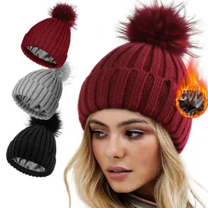 SeSe Code Women's Winter Knitted Beanie Hat with Satin Lining and Faux Fur Pom Pom Warm Skull Cap