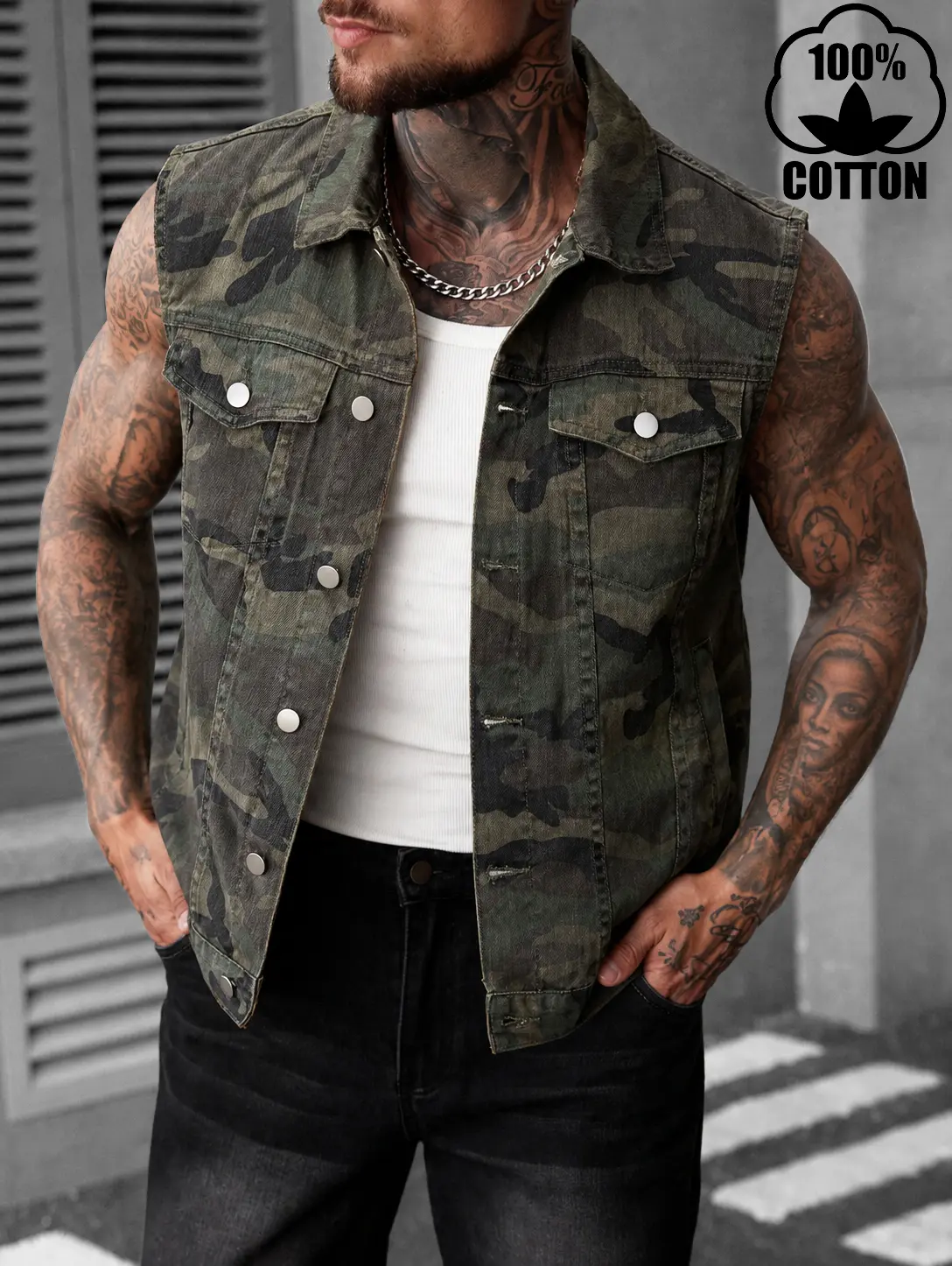 100% Cotton Camo Denim Vest Sleeveless Button Front Jean Jacket for Men Women Vintage Streetwear Waistcoat with Cargo Pockets Collared Lightweight Casual Layering Top Y2K Festival Outfit Western Utility Workwear Outdoor Fashion Retro Outdoor Layering Wear