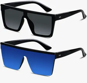 (2 Pack) New Square Oversized Sunglasses for Women Men Big Flat Top Fashion Shield Large UV Protection Rimless Shades