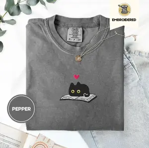 Black Cat and Book Embroidered Comfort Colors Tee, Gift for Readers, Kitten Reading Shirt, Crewneck Cozy Book Club T-Shirts for Fall Gifts