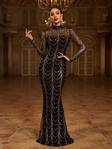 Missord Mock-Neck Sequin Mesh Prom Dresses Black Elegant Long Sleeve Formal Evening Wedding Guest Gown,M0032 Polyester Womenswear,