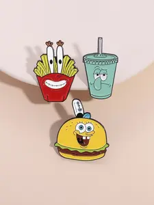 3Pcs Cartoon Funny Animation Character Brooches, Zinc Alloy Enamel Material, Fun Multi-Character Food Shape Decorations, Spongebob Theme Badge