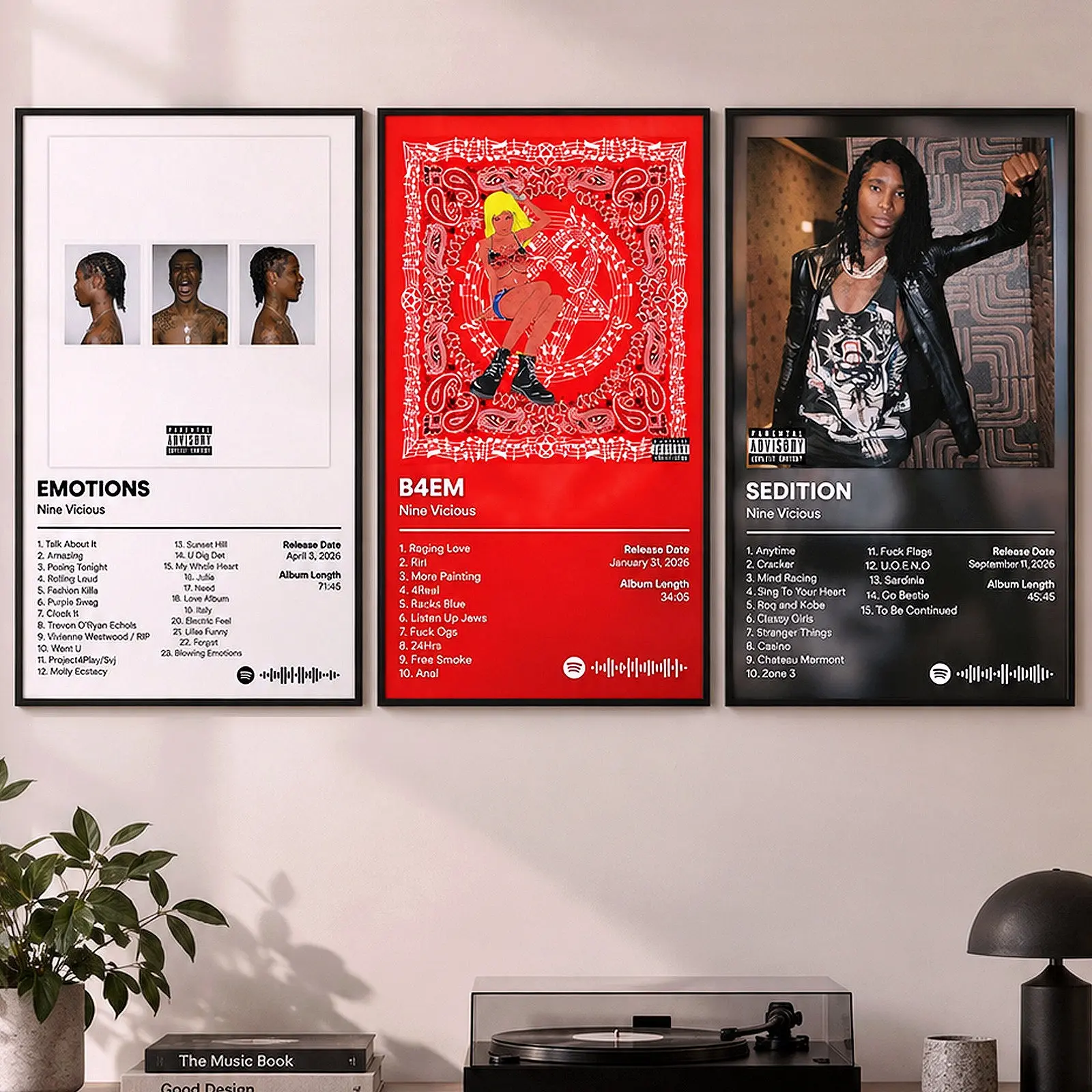Nine Vicious Album Inspired Poster Set of 3 – Emotions, B4EM & Sedition Music Wall Art, Unframed Premium Print, Hip Hop Room Decor