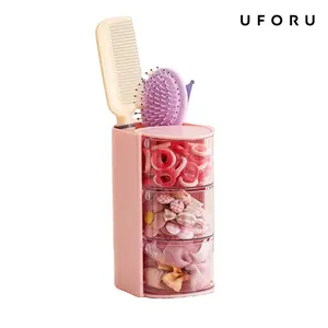 UFORUUFORU Kids Hair Accessories Organizer, Pink Rotatable Storage Box with Clear Drawers and Brush Holder, Cute Vanity Organizer for Hair Ties, Clips, Bows, Combs and Small Jewelry#SummerWins