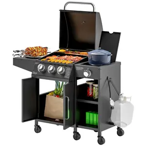Outsunny 3 Burner Gas Grill with Side Burner, Propane BBQ Grill with Shelves, 9.5 KW Output, 310 Sq. in. Cooking Area, Cabinet Style Barbecue with Wheels and Thermometer for Outdoor Backyard Patio