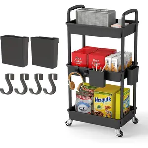 3 Tier Rolling Utility Cart with Handle, Utility Cart Made of Multifunctional Storage Organizer Tool for Kitchen,Bathroom,Living Room,Office(Black)