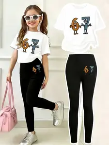 Cute Robot 67Six Seven Print Girls' Casual Fashion Set, Round Neck Short Sleeve Top & Bottoms, Ages 4-12, Spring/autumn Gift