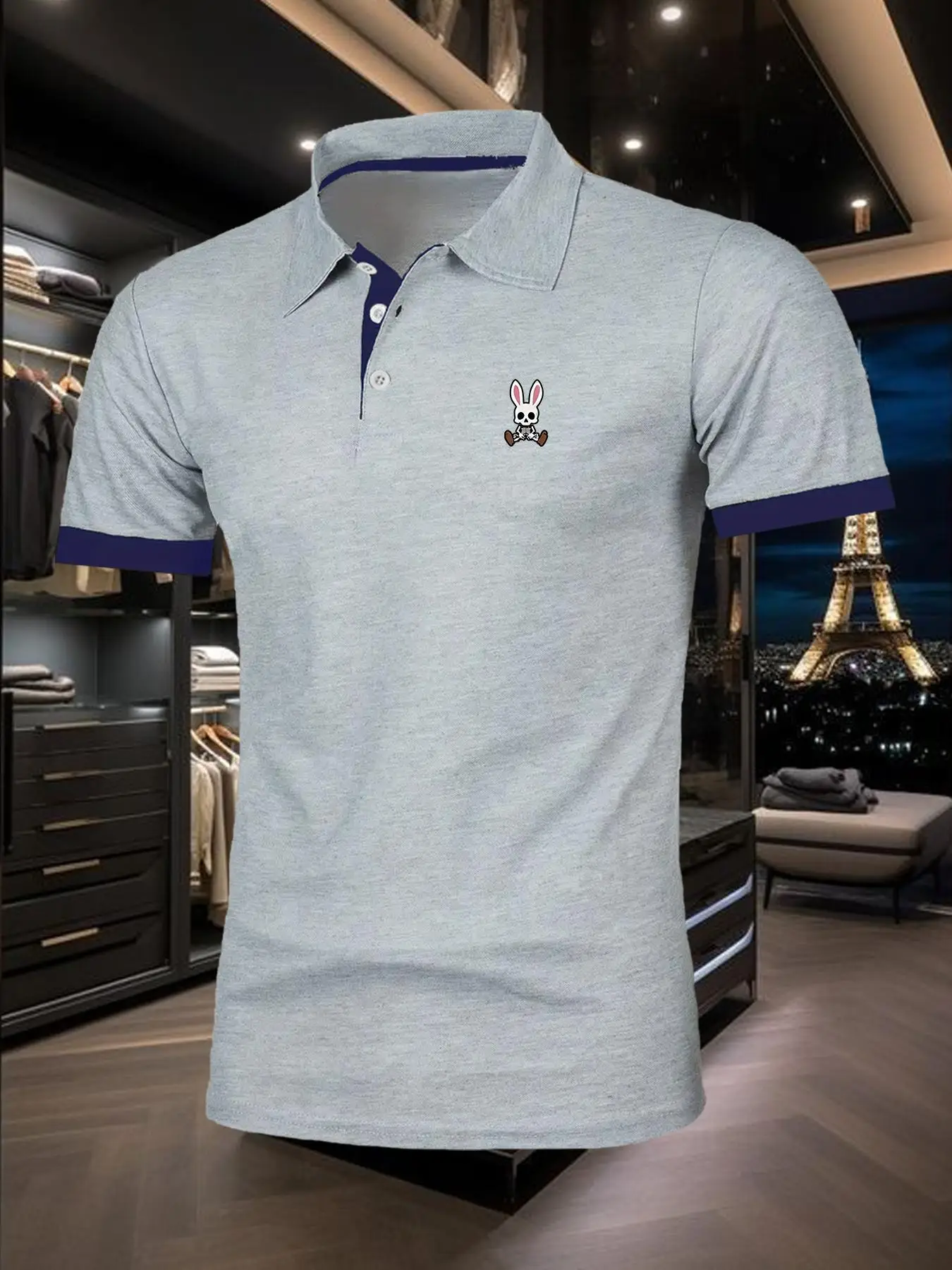 Men's Regular Fit Skull Rabbit Pattern Polo Shirt, Casual Short Sleeve Top for Summer, Fashion Men's Clothes for Daily Wear