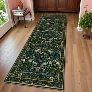 Floral Washable Runner Rug, 2.6x8 Navy Blue Boho Rug Runner for Hallways Non-Slip, Soft Flower Birds 8ft Bathroom Runner Rug Botanical Throw Carpet for Kitchen Entryway Porch