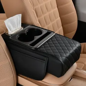 Car Center Console Armrest Pillow, Thickned Memory Foam Auto Armrest Box Cover with Cup Holder & Phone Holder, Waterproof Leather Arm Rest Protector Cushion, Car Accessories