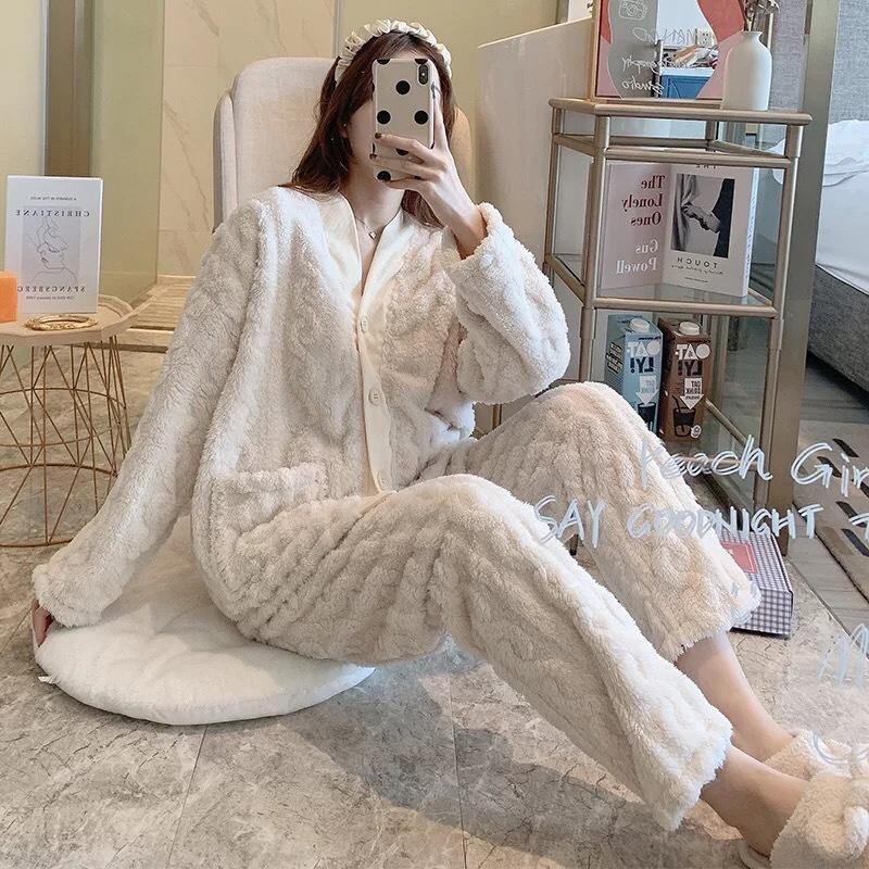 Autumn/winter Season High-end Coral Fleece Pajama Set Women's Long Sleeve Loose-fit Thickened Warm Suit