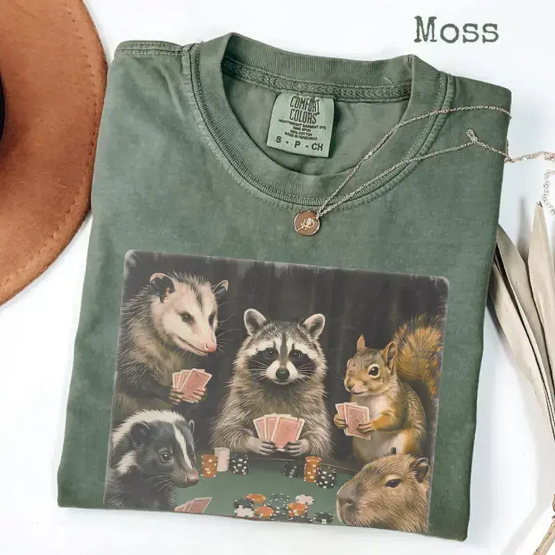 Comfort Colors Woodland Animals Playing Poker Shirt Funny Raccoon Possum Squirrel Graphic Tee Vintage Animal T Shirt - The Paul