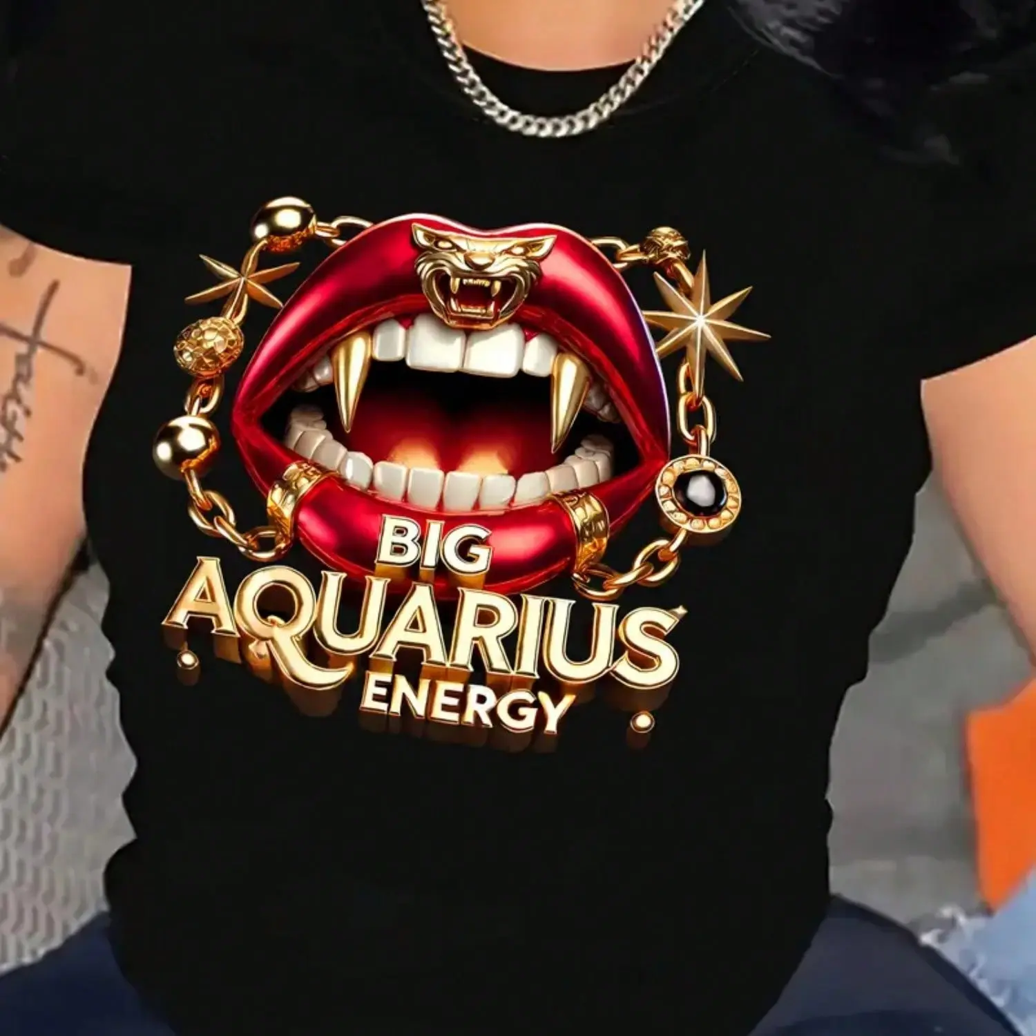 Women's 100% Cotton Fitted Round Neck Short-Sleeve Tshirt - Aquarius Zodiac Graphic Print Top, Casual Summer Streetwear, Machine Washable, Shortsleeve