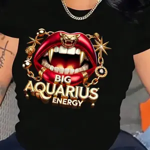 Aquarius Zodiac Graphic T-Shirt for Women - 100% Cotton Crew Neck Short Sleeve Tee, Cute Astrology Print Top, Casual Summer T-Shirt, Machine Washable Womenswear Streetwear Tshirt Crewneck