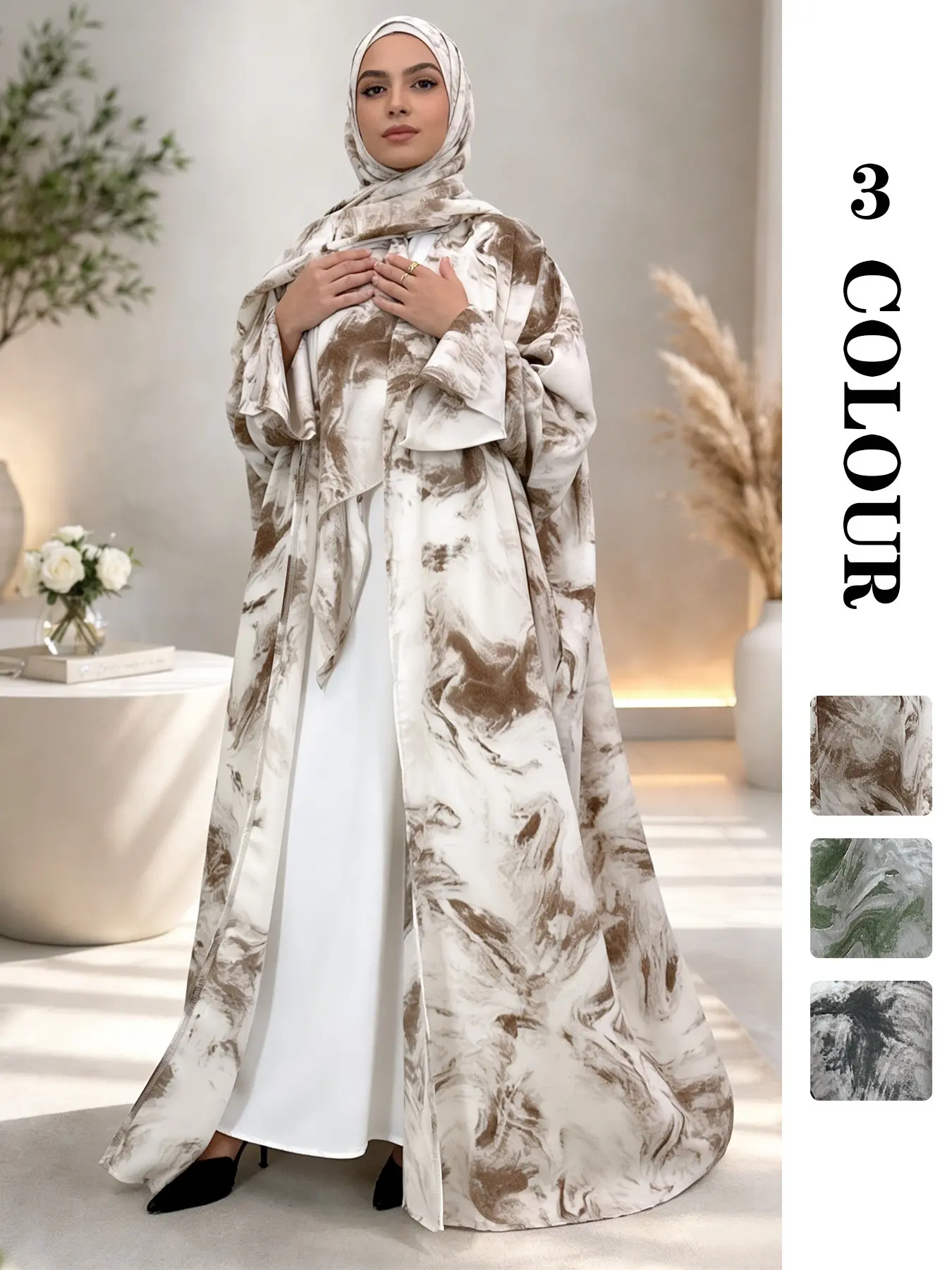 [Includes Hijab] Abaya Hijab Set Women's Modesty Islamic Muslim Clothing Artistic Ink Print Batwing Sleeve Long Robe Coat Set, Loose-Fitting Vacation Style Outerwear with Pockets, All Season Wear